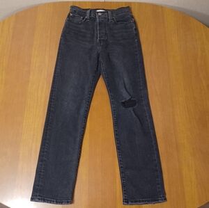 Levis Wedgie Straight Black Jeans Womens 26x26 Button Fly Distressed Denim